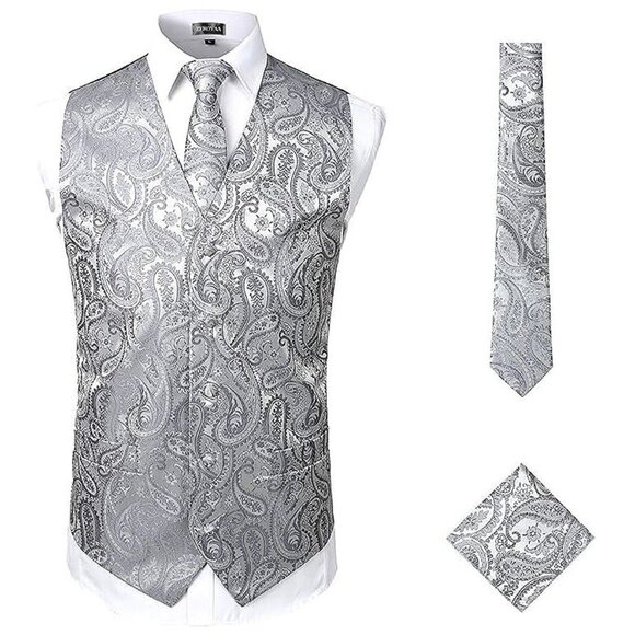 MENS Classic 3pc Jacquard Paisley Vest Set Gray